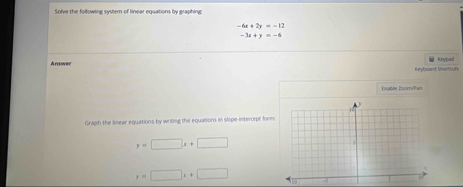 Solve the following system of linear equations by graphing:
-6x+2y=-12
-3x+y=-6
Answer Keypad 
Keyboard Shortcuts 
Enable Zoom/Pan 
Graph the linear equations by writing the equations in slope-intercept form:
y=□ x+□
y=□ x+□
10