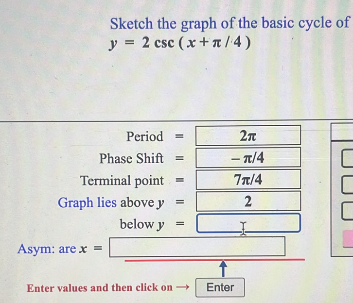 Solved: Sketch the graph of the basic cycle of y=2csc (x+π /4) Period ...