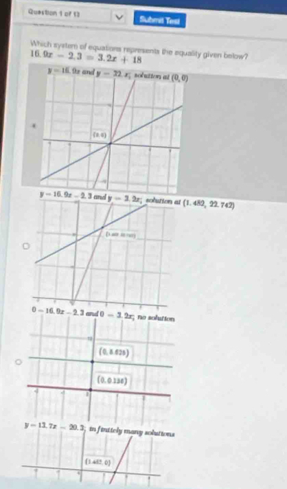 Submil Tesi
Which system of equations represents the equality given below?
16 9x-2.3=3.2x+18
(1.482,22.742)
y=13.7x-20.3 in finttely many solutions
(1.482,0)
7 4