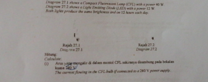 Diagram 27.1 shows a Compact Fluorescent Lamp (CFL) with a power 40 W. 
Diagram 27.2 shows a Light Emitting Diode (LED) with a power 12 W. 
Both lights produce the same brightness and on 12 hours each day. 
Rajah 27.1 Rajah 27.2 
Diag·∞n 27.1 Diagram 27.2 
Hitung: 
Calculate 
(1) Arus yang mengalir di dalam mentol CFL sekiranya disambung pada bekalan 
kuasa 240 V
The current flowing in the CFL bulb if connected to a 240 V power supply.