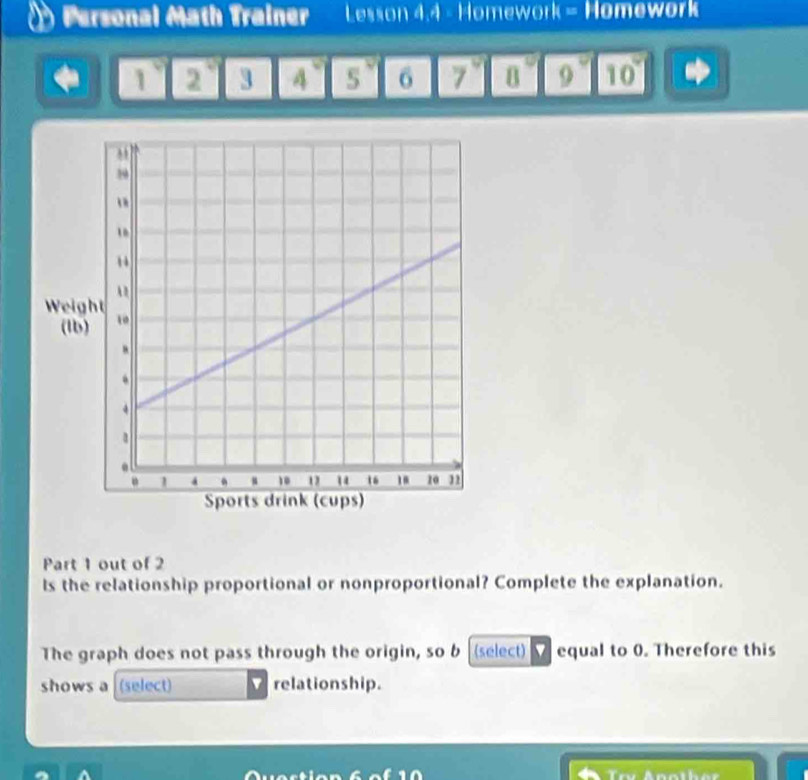 Personal Math Trainer Lesson 4.4 - Homework - Homework 
1 2° 3 4° 5° 6 7° 8° 9° 10°
Part 1 out of 2 
ls the relationship proportional or nonproportional? Complete the explanation. 
The graph does not pass through the origin, so b (select) V equal to 0. Therefore this 
shows a (select) V relationship.