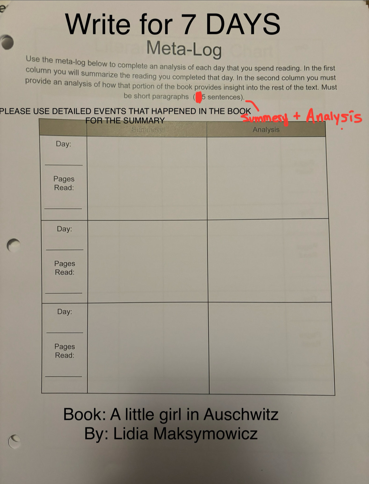 Write for 7 DAYS
Meta-Log 
Use the meta-log below to complete an analysis of each day that you spend reading. In the first 
column you will summarize the reading you completed that day. In the second column you must 
provide an analysis of how that portion of the book provides insight into the rest of the text. Must 
be short paragraphs (〇 5 sentences). 
PLEAS 
Book: A little girl in Auschwitz 
By: Lidia Maksymowicz