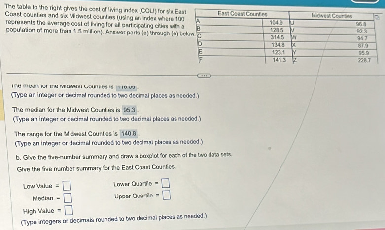 The table to the right gives the cost of living index (COLI) for six Ea 
Coast counties and six Midwest counties (using an index where 10
represents the average cost of living for all participating cities with 
population of more than 1.5 million). Answer parts (a) through (e) b 
he mean for the Midwest Counties is 1 10.05. 
(Type an integer or decimal rounded to two decimal places as needed.) 
The median for the Midwest Counties is 95.3. 
(Type an integer or decimal rounded to two decimal places as needed.) 
The range for the Midwest Counties is 140.8. 
(Type an integer or decimal rounded to two decimal places as needed.) 
b. Give the five-number summary and draw a boxplot for each of the two data sets. 
Give the five number summary for the East Coast Counties. 
Low Value =□ Lower Dus artile =□
Median =□ Upper Quartile =□
High Value =□
(Type integers or decimals rounded to two decimal places as needed.)