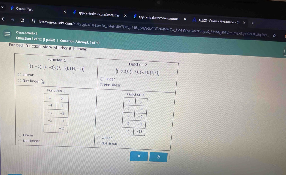 Central Test app.centraltest.com/assessme app.centraltest.com/assessme
ALEKS - Paloma Arredondo - C
latam-awu.aleks.com/alekscgi/x/IsI.exe/1o_u-IgNsIkr7j8P3jH-IBJ_6JjVpUz2IYCcR4NM7yr_lpMriNwxObE8Iv0go9_MqMzyRGVrmIrnaF3sptYikEJke5q4o8..
Class Activity 4
Question 1 of 12 (1 point) | Question Attempt: 1 of 10
For each function, state whether it is linear.
Function 1 Function 2
 (1,-2),(4,-2),(7,-2),(10,-2)
Linear
 (-3,2),(1,3),(5,4),(9,5)
Linear
Not linear Not linear
Function 3 Function 4



Linear Linear
Not linear Not linear
×