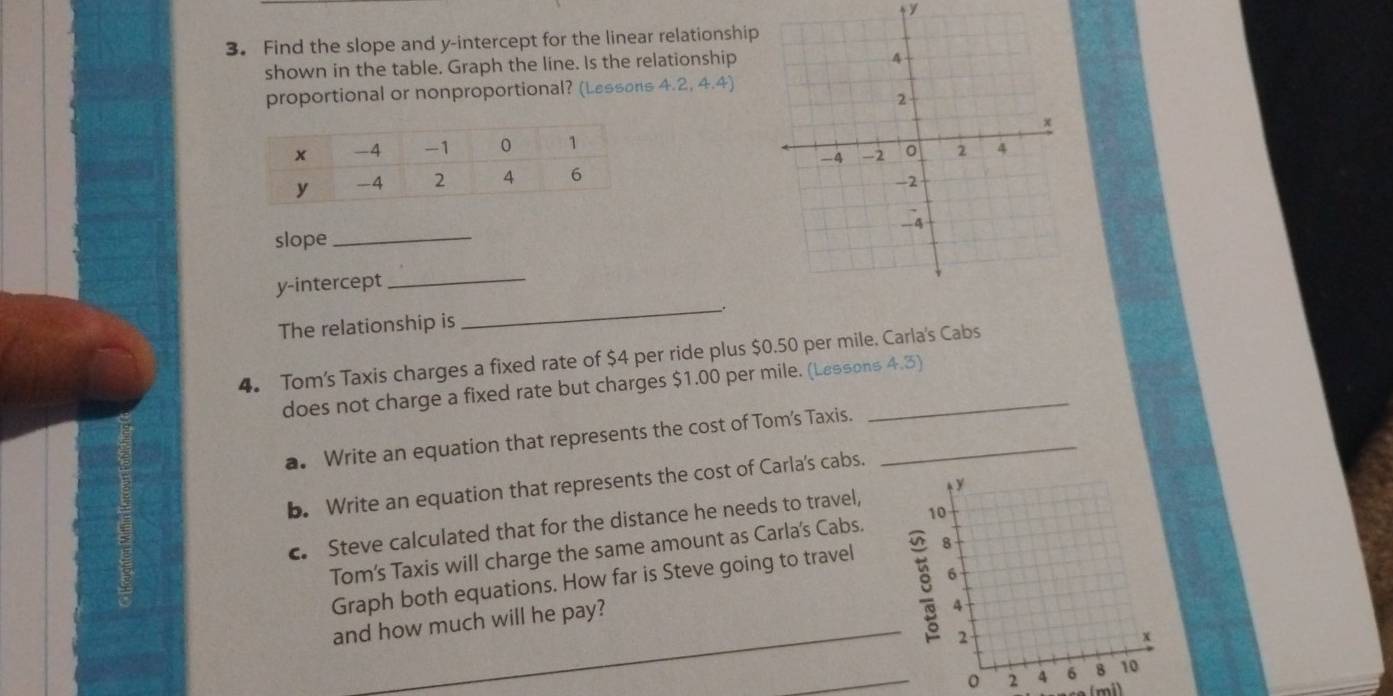 + y 
3. Find the slope and y-intercept for the linear relationship 
shown in the table. Graph the line. Is the relationship 
proportional or nonproportional? (Lessons 4.2, 4.4) 
slope_ 
y-intercept 
_ 
The relationship is __. 
4. Tom's Taxis charges a fixed rate of $4 per ride plus $0.50 per mile. Carla's Cabs 
does not charge a fixed rate but charges $1.00 per mile. (Lassons 4.3) 
a. Write an equation that represents the cost of Tom's Taxis._ 
b. Write an equation that represents the cost of Carla's cabs. 
c. Steve calculated that for the distance he needs to travel, 
Tom's Taxis will charge the same amount as Carla's Cabs. 
_ 
Graph both equations. How far is Steve going to travel 
and how much will he pay? 
_