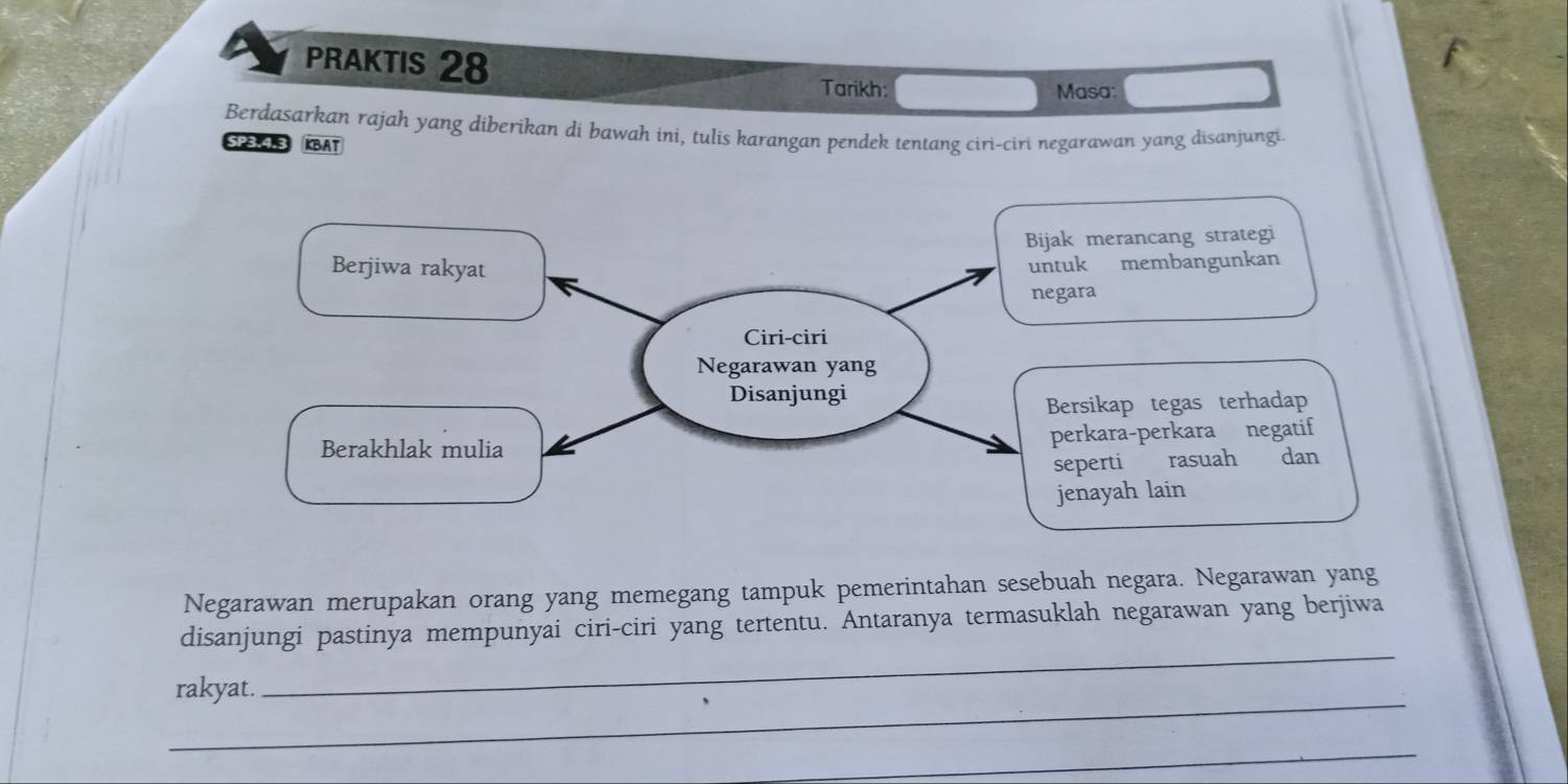 PRAKTIS 28 
Tarikh: Masa: 
Berdasarkan rajah yang diberikan di bawah ini, tulis karangan pendek tentang ciri-ciri negarawan yang disanjungi 
SP3 3 KBAT 
Negarawan merupakan orang yang memegang tampuk pemerintahan sesebuah negara. Negarawan yang 
disanjungi pastinya mempunyai ciri-ciri yang tertentu. Antaranya termasuklah negarawan yang berjiwa 
_ 
rakyat. 
_ 
_