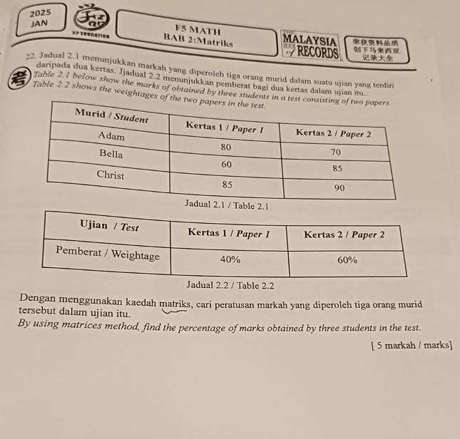 2025 
JAN 
F5 MATH 
XP ERECATION BAB 2:Matriks MALAYSIA RECORDS 

22. Jadual 2.1 menunjukkan markah yang diperoleh tiga orang murid dalam suatu ujian yang terdiri 
daripada dua kertas. Jjadual 2.2 menunjukkan pemberat bagi dua kertas dalam ujian itu. 
Table 2.1 below show the marks of obtained by three students in a test c 
Table 2.2 shows the weightages of the t 
le 2.1 
Jadual 2.2 / Table 2.2 
Dengan menggunakan kaedah matriks, cari peratusan markah yang diperoleh tiga orang murid 
tersebut dalam ujian itu. 
By using matrices method, find the percentage of marks obtained by three students in the test. 
[ 5 markah / marks]