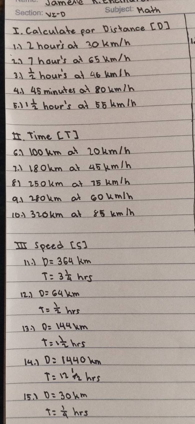 vamerle n.E 
VE-D 
Math 
I. Calculate for Distance [D] 
1. 1 2 hour's at 30km/h
2. 1 7 hour's at 65 km/h
3. 1  1/2  hour's at 46 km/h
4. 1 45 minutes at 8okm/h
5. J 1 1/2  hour's at 55 km/h
I Time CT] 
C.1 lookm at 2oum/h
7. 1 180km at 45km/h
81 250km at 75 km/h
9. 1 280km at Gokm/h
10. 1320km at 85 km/h
I speed (S]
D=364km
T=3 1/4 hrs
12. ] D=64km
T= 1/2 hrs
13.) D=144km
T=1 1/2 hrs
14. ) D=1440km
T=12 1/2 hrs
15. 1 D=30km
t= 1/4 hrs