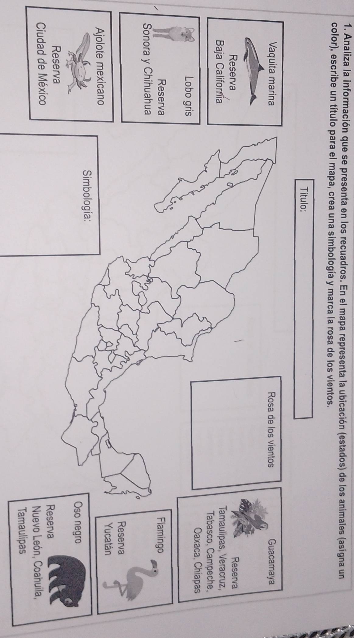 Analiza la información que se presenta en los recuadros. En el mapa representa la ubicación (estados) de los animales (asigna un 
color), escribe un título para el mapa, crea una simbología y marca la rosa de los vientos.