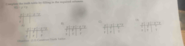 Complete the truth table by filling in the required columns.
(2)-p+p
P = P -p^2p

F
D) 
B)
-D P
A)
P P . p P - P p P p P p - P
F T 
T 
F F 
F 
F F F F T F F F T F T T 
Olignttion (3,3) Construct Truth Tables