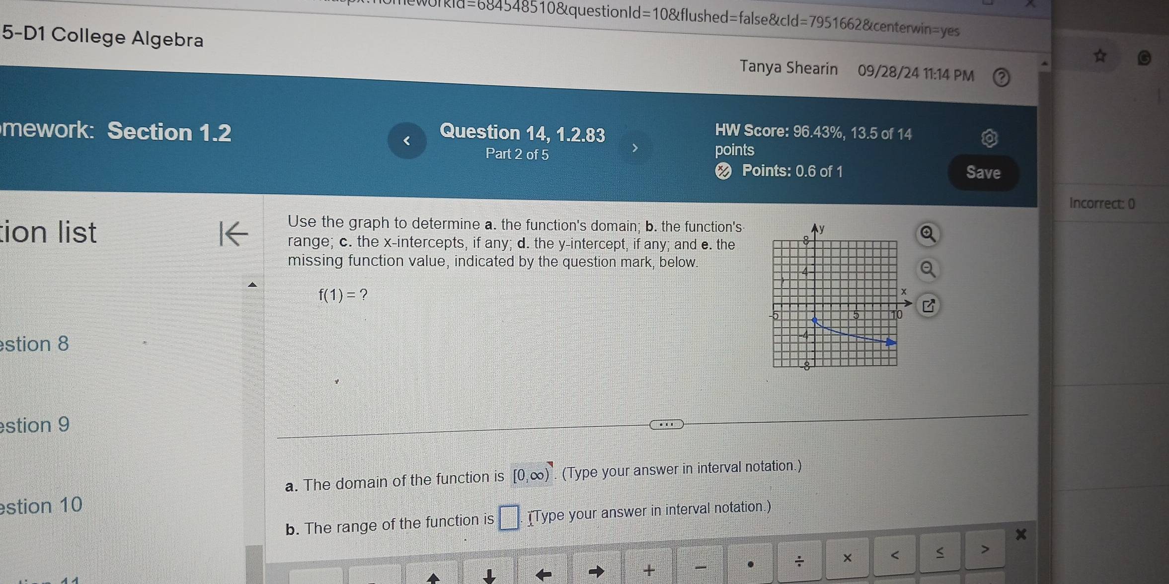 workld=684548510&questionId =108 flushed=false&cId=7951662&centerwin=yes 
5-D1 College Algebra Tanya Shearin 09/28/24 11:14 PM 
mework: Section 1.2 Question 14, 1.2.83 
HW Score: 96.43%, 13.5 of 14 
Part 2 of 5 points 
< Points: 0.6 of 1 Save 
Incorrect: () 
tion list 
Use the graph to determine a. the function's domain; b. the function's 
range; c. the x-intercepts, if any; d. the y-intercept, if any; and e. the 
missing function value, indicated by the question mark, below.
f(1)=
stion 8 
stion 9 
a. The domain of the function is [0,∈fty ) : (Type your answer in interval notation.) 
stion 10 
b. The range of the function is □ . [Type your answer in interval notation.) 
+ 
÷ × < < >