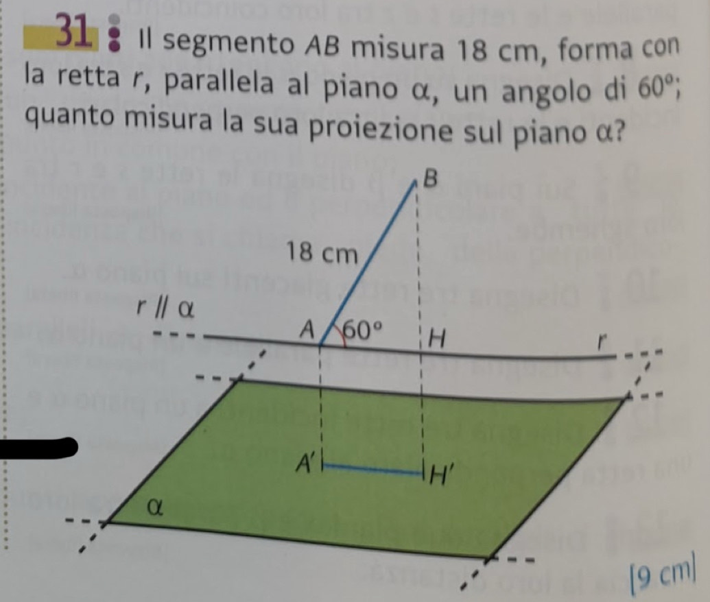 31 . Il segmento AB misura 18 cm, forma con 
la retta r, parallela al piano α, un angolo di 60°; 
quanto misura la sua proiezione sul piano α?
B
18 cm
rparallel alpha
A 60° H
r
A'
H'
α
[9 cm]