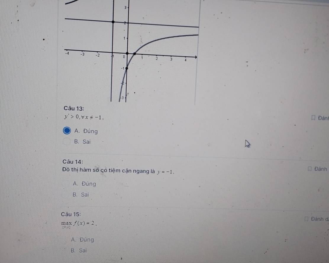 y'>0,forall x!= -1. Đán
A. Đúng
B. Sai
Câu 14:
Đô thị hàm số có tiệm cận ngang là y=-1. Đánh
A. Đúng
B. Sai
Câu 15: Dánh d
maxf(x)=2.
A. 'Đúng
B. Sai