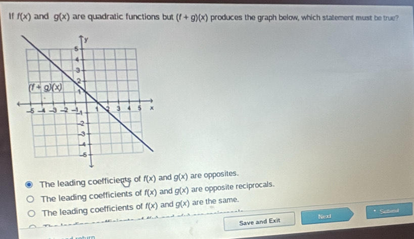 If f(x) and g(x) are quadratic functions but (f+g)(x) produces the graph below, which statement must be true?
The leading coefficients of f(x) and g(x) are opposites.
The leading coefficients of f(x) and g(x) are opposite reciprocals.
The leading coefficients of f(x) and g(x) are the same.
Save and Exit Next Subml