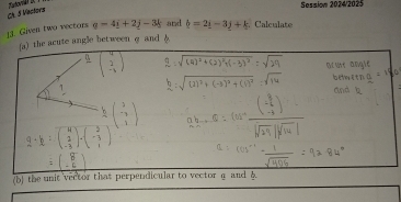 Fistovrar 2. ? 
Session 2024/2025 
Ch. 5 Vectors 
13. Given two vectors g-4j+2j-3k and b=2i-3j+k Calculate 
(a) the acute angle betweenσ and 
(b) the unit vector that perpendicular to vector g and 6