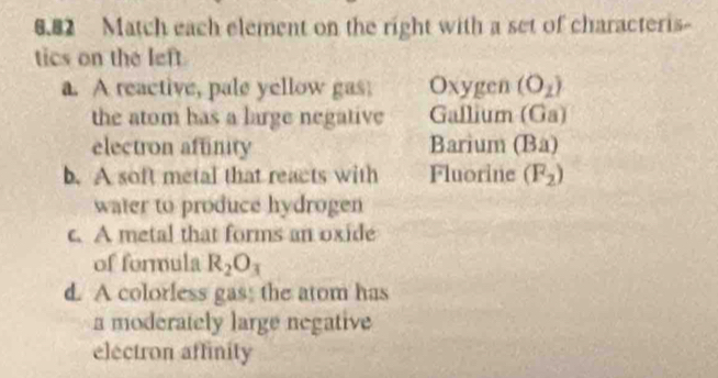 8.82 Match each element on the right with a set of characteris- 
tics on the left 
a. A reactive, pale yellow gas 0 Xygen (O_1)
the atom has a large negative Gallium ( 18
electron aftinity Barium (Ba) 
b. A soft metal that reacts with Fluorine (F_2)
water to produce hydrogen 
c. A metal that forms an oxide 
of formula R_2O_3
d. A colorless gas; the atom has 
a moderately large negative 
electron affinity