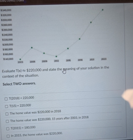 z2es/364627/take
$ 340,000
$320.000
$300:000
$200,000
$260,000
$240,000
$
$
$
$
§
Evaluate T(x)approx $220,000 and state the meaning of your solution in the
context of the situation.
Select TWO answers.
T(2018)=220,000
T(15)=220.000
The home value was $220,000 in 2018
The home value was $220,000, 15 years after 2003, in 2018
T(2015)=180,000
In 2015, the home value was $220,000.