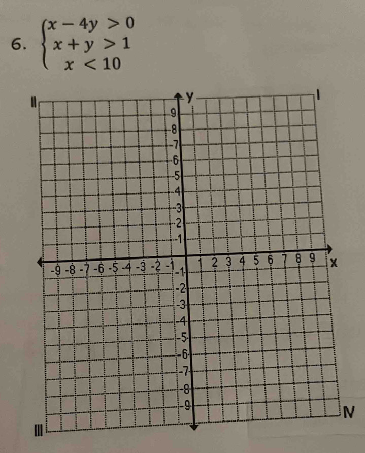 beginarrayl x-4y>0 x+y>1 x<10endarray.
N