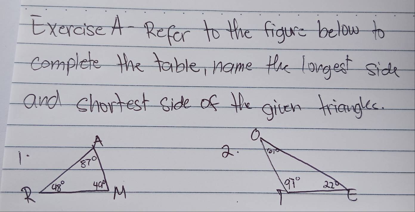 Exercise A- Refor to the figure below to
complete the table, name the longest side
and shortest side of the oiten trianglc.
a.