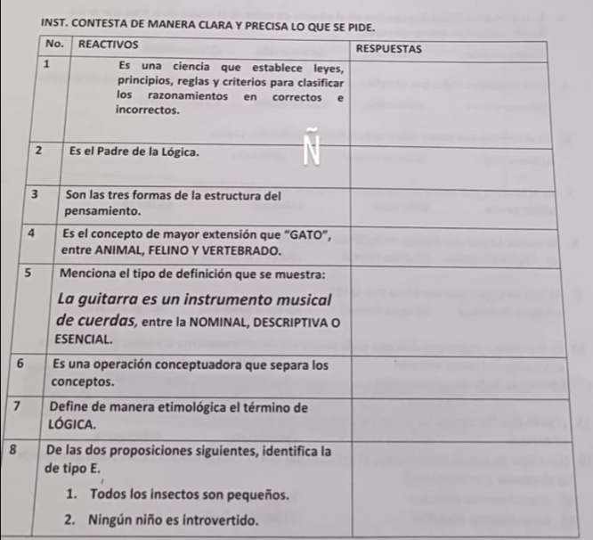 INST. CONTESTA DE MANERA CLARA Y PRECISA LO QUE SE PIDE.
6
7
8
2. Ningún niño es introvertido.