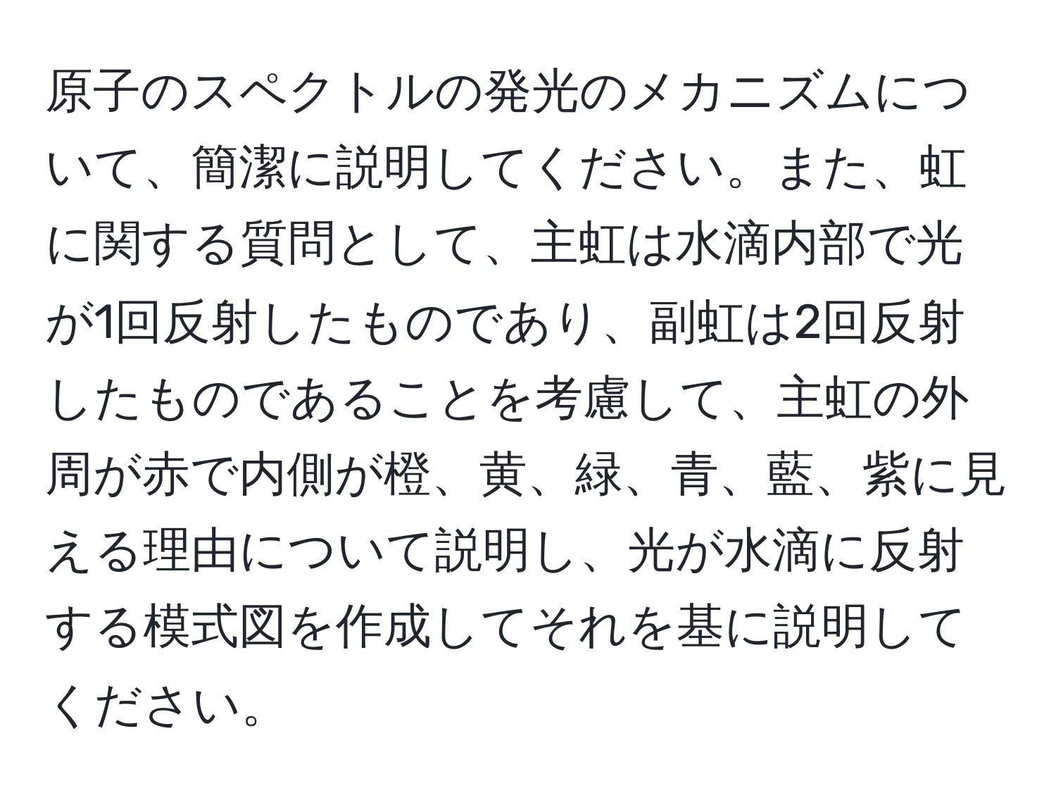 原子のスペクトルの発光のメカニズムについて、簡潔に説明してください。また、虹に関する質問として、主虹は水滴内部で光が1回反射したものであり、副虹は2回反射したものであることを考慮して、主虹の外周が赤で内側が橙、黄、緑、青、藍、紫に見える理由について説明し、光が水滴に反射する模式図を作成してそれを基に説明してください。