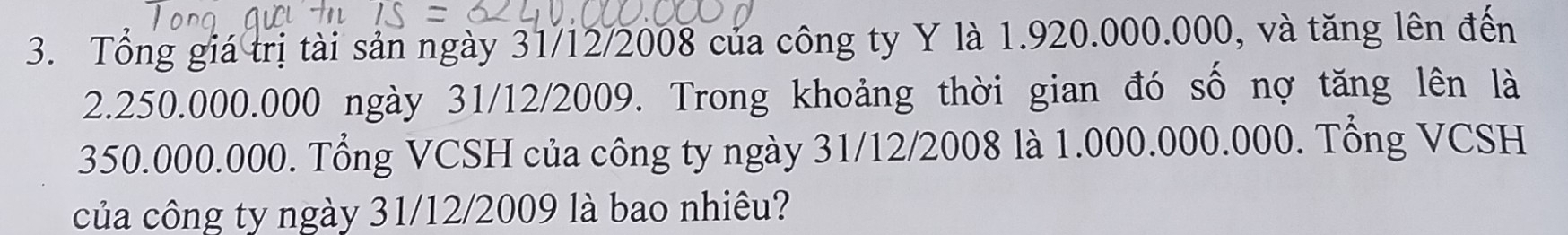 Tổng giá trị tài sản ngày 31/12/2008 của công ty Y là 1.920.000.000, và tăng lên đến
2.250.000.000 ngày 31/12/2009. Trong khoảng thời gian đó số nợ tăng lên là
350.000.000. Tổng VCSH của công ty ngày 31/12/2008 là 1.000.000.000. Tổng VCSH 
của công ty ngày 31/12/2009 là bao nhiêu?