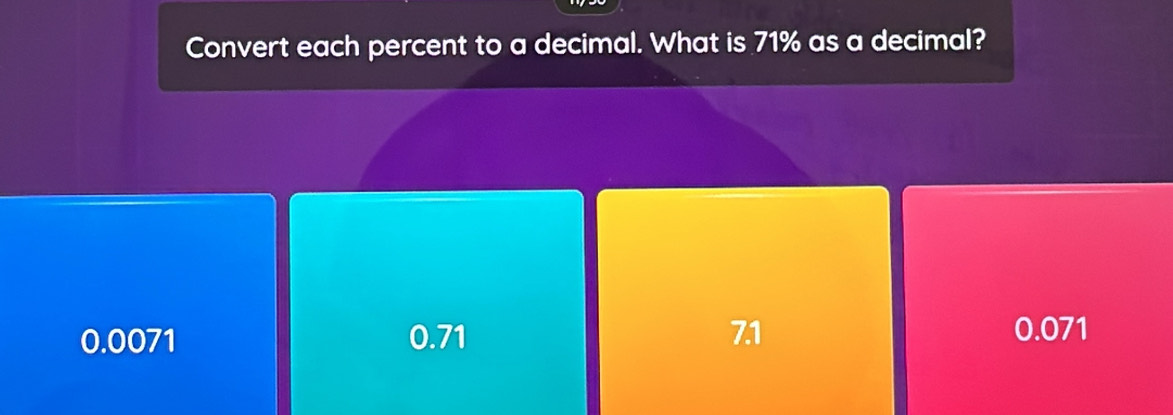 Solved: Convert each percent to a decimal. What is 71% as a decimal? 0. ...
