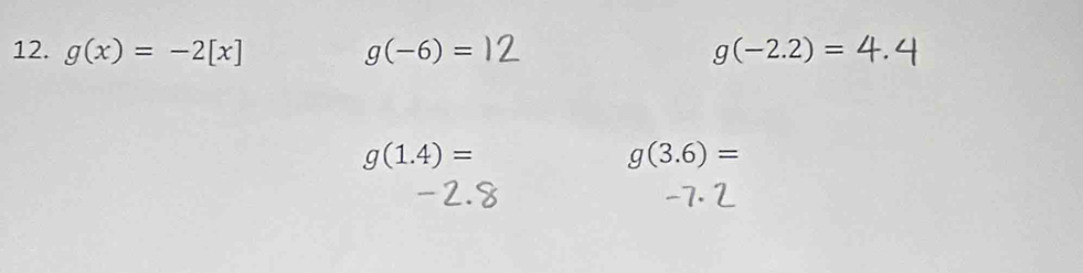 g(x)=-2[x] g(-6)= g(-2.2)=
g(1.4)=
g(3.6)=