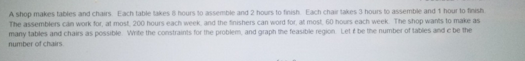 A shop makes tables and chairs. Each table takes 8 hours to assemble and 2 hours to finish. Each chair takes 3 hours to assemble and 1 hour to finish. 
The assemblers can work for, at most, 200 hours each week, and the finishers can word for, at most, 60 hours each week. The shop wants to make as 
many tables and chairs as possible. Write the constraints for the problem, and graph the feasible region. Let t be the number of tables and c be the 
number of chairs