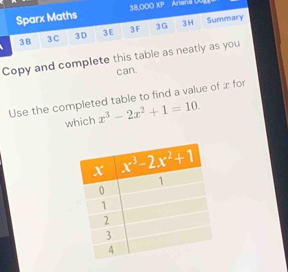 Sparx Maths 38,00O XP  Ariana Dugg
3B 3C 3D 3E 3F 3G 3H Summary
Copy and complete this table as neatly as you
can.
Use the completed table to find a value of x for
which x^3-2x^2+1=10.