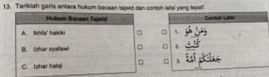 Tariklah garis antara hukum bacaan tajwid dan contoh lafal yang tepat!