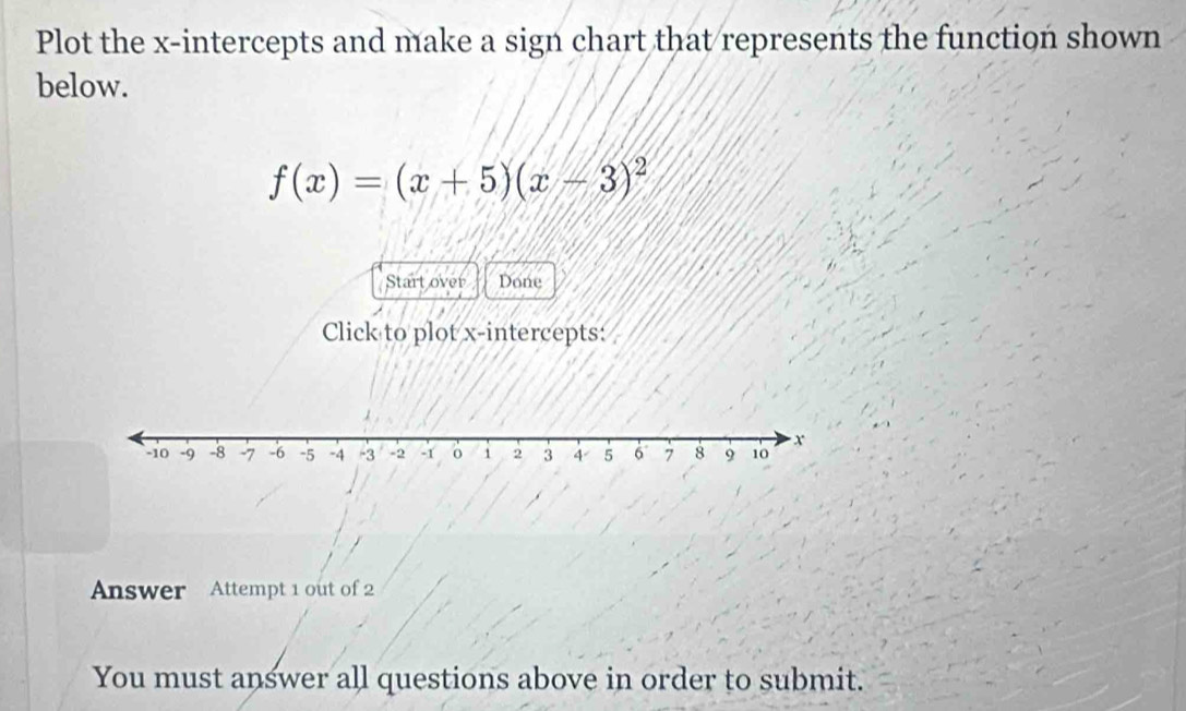 Plot the x-intercepts and make a sign chart that represents the function shown 
below.
f(x)=(x+5)(x-3)^2
Start over Done 
Click to plot x-intercepts: 
Answer Attempt 1 out of 2 
You must answer all questions above in order to submit.