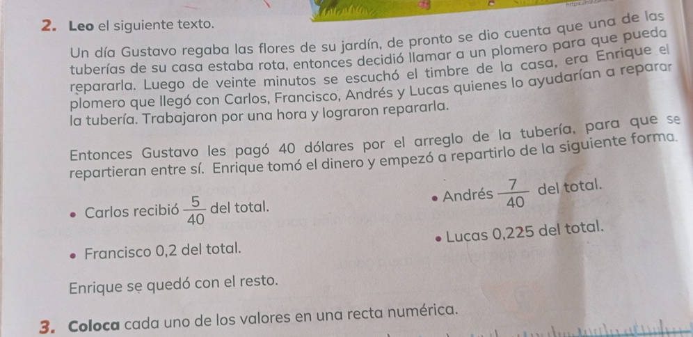 Leo el siguiente texto.
Un día Gustavo regaba las flores de su jardín, de pronto se dio cuenta que una de las
tuberías de su casa estaba rota, entonces decidió llamar a un plomero para que pueda
repararla. Luego de veinte minutos se escuchó el timbre de la casa, era Enrique el
plomero que llegó con Carlos, Francisco, Andrés y Lucas quienes lo ayudarían a reparar
la tubería. Trabajaron por una hora y lograron repararla.
Entonces Gustavo les pagó 40 dólares por el arreglo de la tubería, para que se
repartieran entre sí. Enrique tomó el dinero y empezó a repartirlo de la siguiente forma
Carlos recibió  5/40  del total. Andrés  7/40  del total.
Francisco 0,2 del total. Luças 0,225 del total.
Enrique sę quedó con el resto.
3. Coloca cada uno de los valores en una recta numérica.