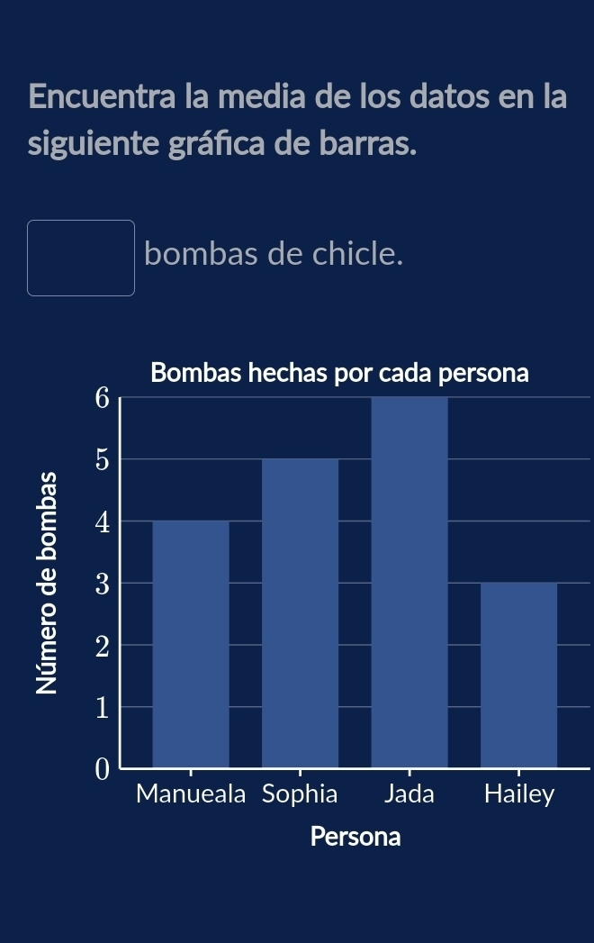 Encuentra la media de los datos en la 
siguiente gráfica de barras. 
bombas de chicle.