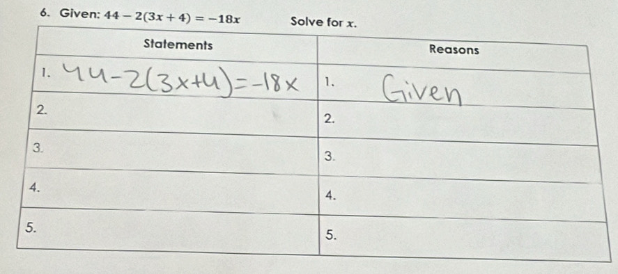 Given: 44-2(3x+4)=-18x