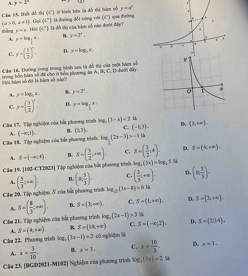 2
A. y=2^x. y
Câu 15. Biết đồ thị (C) ở hình bên là đồ thị hàm số y=a^x
(a>0,a!= 1). Gọi (C') là đường đối xứng với (C) qua đường
thẳng y=x. Hỏi (C') là đồ thị của hàm số nào dưới đây?
B. y=2^x.
A. y=log _ 1/2 x.
C. y=( 1/2 )^x. y=log _2x.
D.
Câu 16. Đường cong trong hình sau là đồ thị của một hàm số
trong bốn hàm số đã cho ở bốn phương án A, B, C, D dưới đây.
Hỏi hàm số đó là hàm số nào?
A. y=log _2x. B. y=2^x.
D.
C. y=( 1/2 )^x. y=log _ 1/2 x.
Câu 17. Tập nghiệm của bất phương trình log _2(3-x)<2</tex> là
D. (3;+∈fty ).
A. (-∈fty ;1).
B. (1;3).
C. (-1;3).
Câu 18. Tập nghiệm của bất phương trình: log _ 1/5 (2x-3)>-1la
A. S=(-∈fty ;4). B. S=( 3/2 ;+∈fty ). C. S=( 3/2 ;4). D. S=(4;+∈fty ).
Câu 19. [102-CT2023] Tập nghiệm của bất phương trình log _2(3x)>log _25 là
A. ( 5/3 ;+∈fty ).
B. (0; 5/3 ).
C. ( 3/5 ;+∈fty ).
D. (0; 3/5 ).
Câu 20. Tập nghiệm S của bất phương trình log _sqrt(2)(3x-8)>0 là
A. S=( 8/3 ;+∈fty ). B. S=(3;+∈fty ). C. S=(1;+∈fty ). D. S=[3;+∈fty ).
Câu 21. Tập nghiệm của bất phương trình log _3(2x-1)>3 là
A. S=(4;+∈fty ). B. S=(14;+∈fty ) C. S=(-∈fty ;2). D. S=(2;14).
Câu 22. Phương trình log _3(3x-1)=2 có nghiệm là
A. x= 3/10 .
B. x=3.
C. x= 10/3 .
D. x=1.
Câu 23. [BGD2021-M102] Nghiệm của phương trình log _5(3x)=2 là