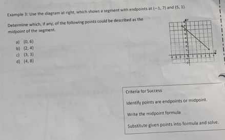 Example 3: Use the diagram at right, which shows a segment with endpoints at (-1,7) and (5,1). 
Determine which, if any, of the following points could be described as the
midpoint of the segment.
a) (0,6)
b) (2,4)
c) (3,3)
d) (4,8)
Criteria for Success
Identify points are endpoints or midpoint.
Write the midpoint formula
Substitute given points into formula and solve.