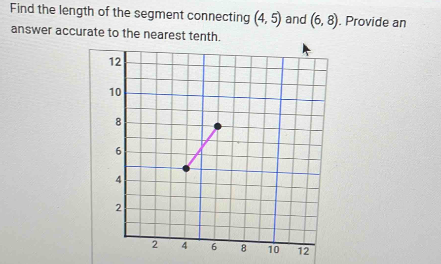 Find the length of the segment connecting (4,5) and (6,8). Provide an 
answer accurate to the nearest tenth.