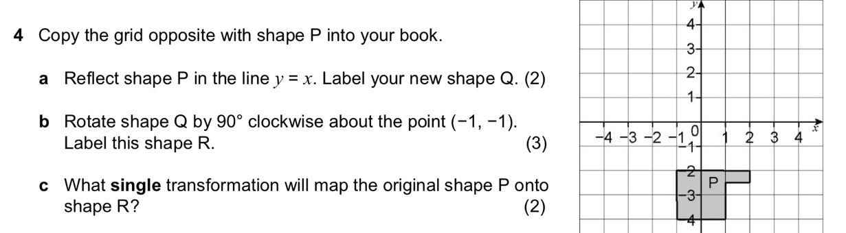 y
4 
4 Copy the grid opposite with shape P into your book. 
3 
a Reflect shape P in the line y=x. Label your new shape Q. (2) 
2 
1 
b Rotate shape Q by 90° clockwise about the point (-1,-1). 
0 
Label this shape R. (3) -4 -3 -2 1 2 3 4 x
2
c What single transformation will map the original shape P onto
P
−3
shape R? (2)
-4