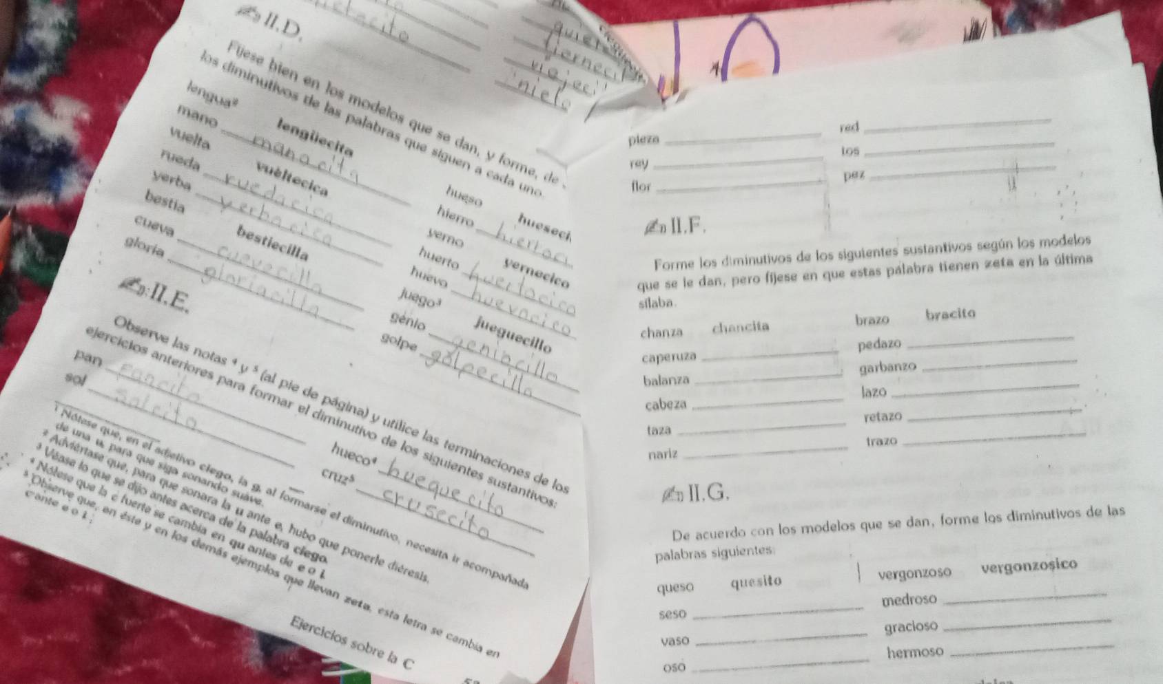 Ⅱ.D,
_
_
A
lengua
red
_
jese bien en los modelos que se dan, y forme, d
os diminutivos de las palabras que siguen a cada un__
mano lengüecita
vuelta _pieza_
tos
_
rey
flor pez
_
rueda vuéltecica
Verba_
hueso
bestia_
_
hierro hueseci
Ⅱ,F,
vemo
cueva bestiecilla
gloria_
Forme los diminutivos de los siguientes sustantivos según los modelos
_huerto vernecico que se le dan, pero fíjese en que estas pálabra tienen zeta en la última
huevo_
n:Ⅱ,E.
juegoa_
silaba.
chanza chancita brazo   bracito
génio jueguecillo
golpe pedazo_
pan _caperuza
_
garbanzo
_
lazo
_
sol balanza_
observe las notas ª y ³ (al pie de página) y utilice las terminaciones de la_
cabeza
retazo
_
_ercicios anteriores para formar el diminutivo de los siguientes sustantivo__
taza
cruz^5 trazo
_
hueco
nariz
de una u, para que siga sonando suève
Ⅱ,G,
ólese que, en el adjetivo clego, la g. al formarse el diminutivo. necesita ir acompaña
Véase lo que se dijo antes acerca de la palabra cíleg
Adviértase que, para que sonara la u ante e, hubo que ponerle dières
cante e o 1
Nótese que la é fuerte se cambia en qu antes de e o_
De acuerdo con los modelos que se dan, forme los diminutivos de las
palabras siguientes
queso quesito vergonzoso vergonzosico
seso _medroso
_
vaso _gracioso
_
Observe que, en éste y en los demás ejemplos que llevan zeta, esta letra se cambia
Ejercicios sobre la C
050 _hermoso