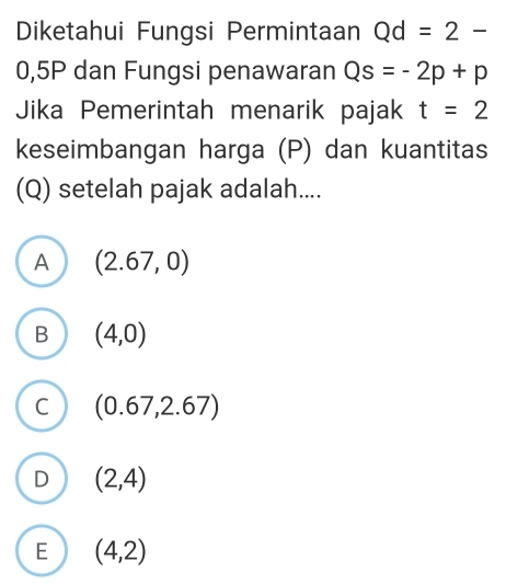 Diketahui Fungsi Permintaan Qd=2-
0,5P dan Fungsi penawaran Qs=-2p+p
Jika Pemerintah menarik pajak t=2
keseimbangan harga (P) dan kuantitas
(Q) setelah pajak adalah....
A (2.67,0)
B (4,0)
C (0.67,2.67)
D (2,4)
E (4,2)