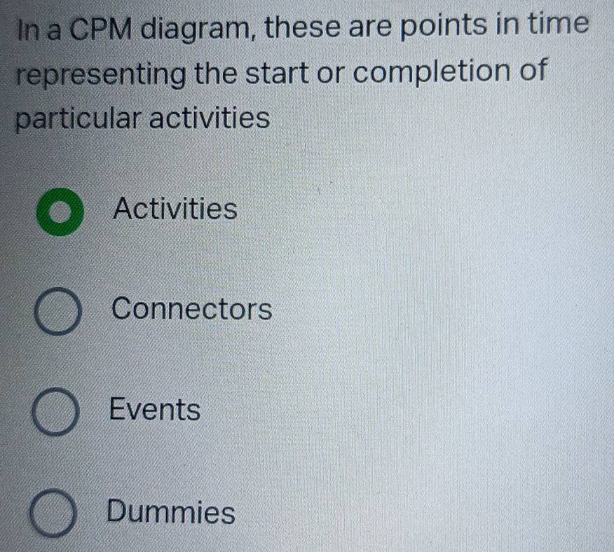 In a CPM diagram, these are points in time
representing the start or completion of
particular activities
Activities
Connectors
Events
Dummies