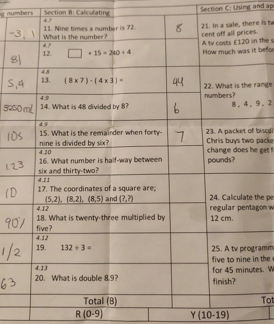 numbers Section B: Calculating Section C: Using and ap
e is tw
.
the s
befor
ange
, 2
biscui
packe
get f
he pe
on w
amm
the
es. W
Tot
R(0-9)
Y(10-19)