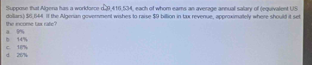 Suppose that Algena has a workforce d 9,416,534, each of whom eams an average annual salary of (equivalent US
dollars) $6,844. If the Algerian government wishes to raise $9 billion in tax revenue, approximately where should it set
the income tax rate?
a 9%
b 14%
c. 18%
d 26%