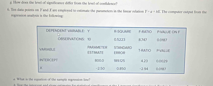 How does the level of significance differ from the level of confidence? 
6. Ten data points on Yand X are employed to estimate the parameters in the linear relation Y=a+bX. The computer output from the 
regression analysis is the following: 
a. What is the equation of the sample regression line? 
h est the intercent and slone estimates for statistical significance at the