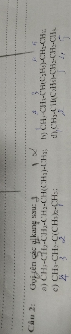 Gọi tên các alkane sau: 
a) CH_3-CH_2-CH_2-CH_2-CH(CH_3)-CH_3 b) CH_3-CH_2-CH(C_2H_5)-CH_2-CH_3; 
c) CH_3-CH_2-C(CH_3)_2-CH_3; d), CH_3-CH(C_2H_5)-CH_2-CH_2-CH_3.