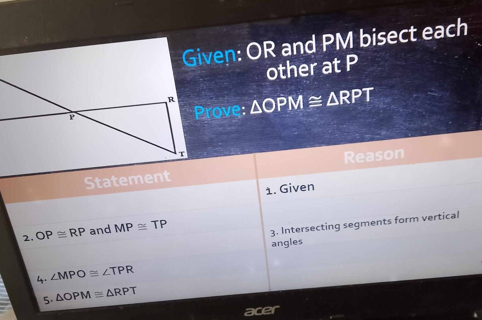 Given: OR and PM bisect each 
other at P
Prove: △ OPM≌ △ RPT
Reason 
Statement 
1. Given 
2. OP≌ RP and MP≌ TP
3. Intersecting segments form vertical 
angles 
4. ∠ MPO≌ ∠ TPR
5. △ OPM≌ △ RPT
acer