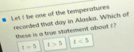 Let t be one of the temperatures
recorded that day in Alaska. Which of
these is a true statement about ?
t=5 t>5 t<5</tex>