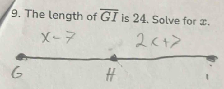 The length of overline GI is 24. Solve for x.