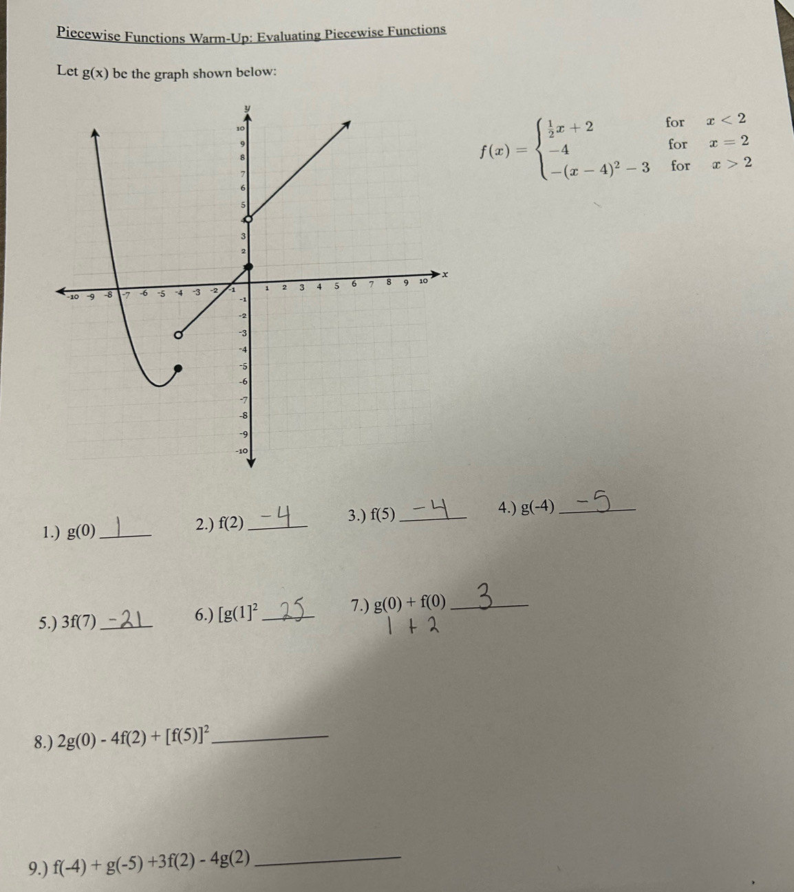 Piecewise Functions Warm-Up: Evaluating Piecewise Functions 
Let g(x) be the graph shown below:
f(x)=beginarrayl  1/2 x+2forx<2 -4forx=2 -(x-4)^2-3forx>2endarray.
3.) 
4.) 
1.) g(0) _2.) f(2) _ f(5) _ g(-4) _ 
5.) 3f(7) _6.) [g(1]^2 _7.) g(0)+f(0) _ 
8.) 2g(0)-4f(2)+[f(5)]^2 _ 
9.) f(-4)+g(-5)+3f(2)-4g(2) _